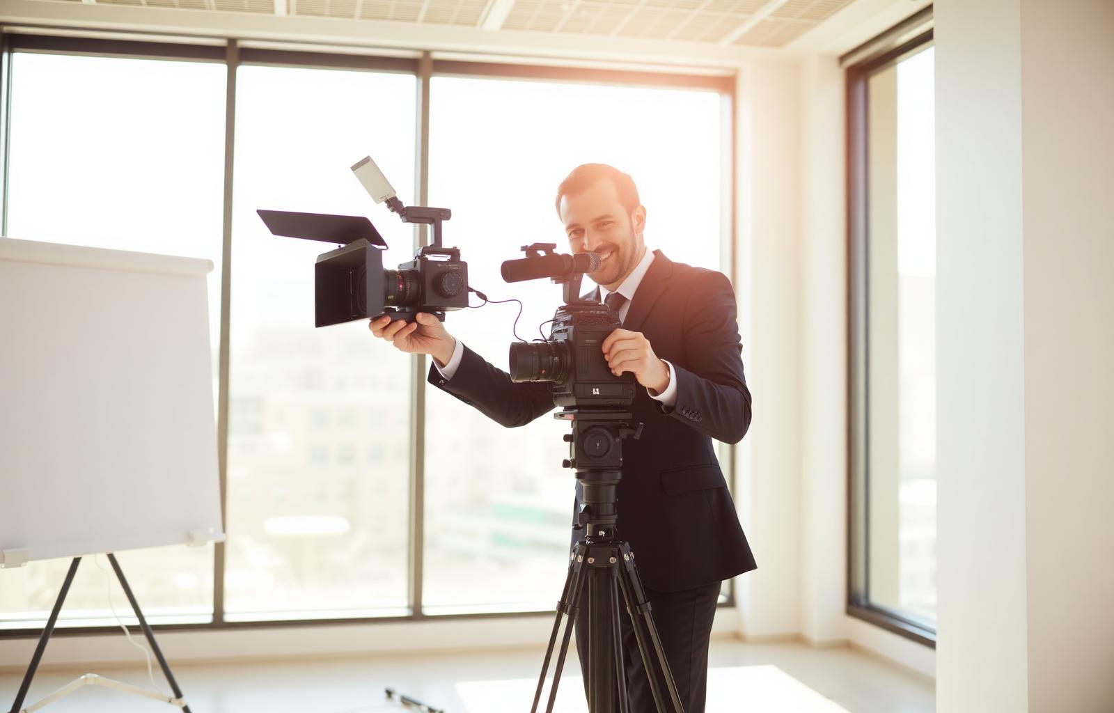 CLVS-certified legal videographer setting up a broadcast camera in a sunlit conference room