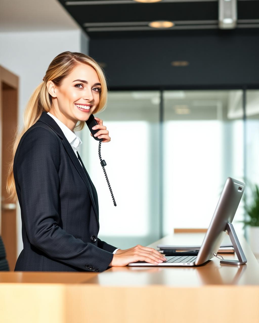Friendly scheduling coordinator answering a call at a modern law office front desk