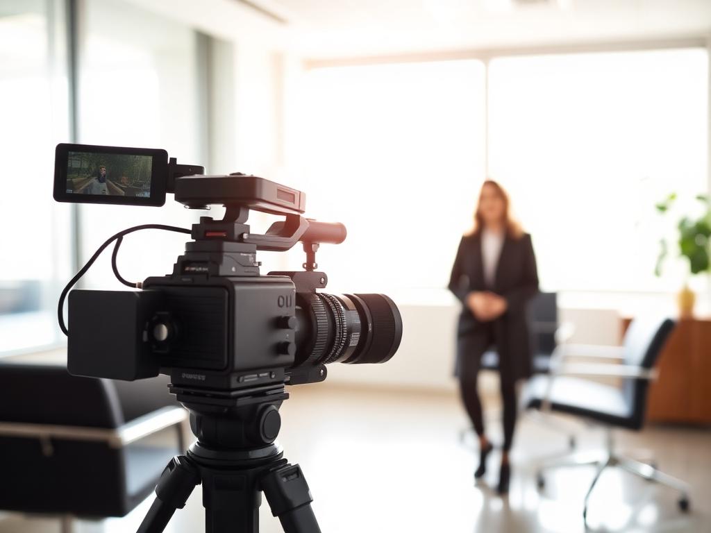 Broadcast camera on tripod recording a witness in a bright conference room