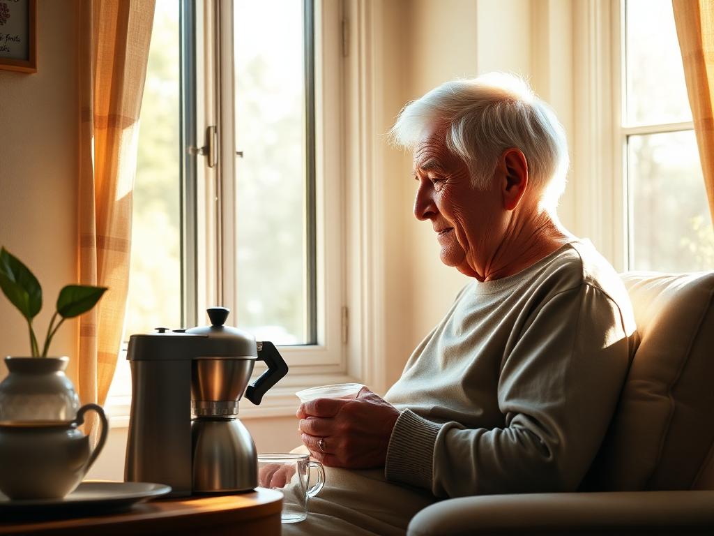 Older person in a sunlit home enjoying their daily morning routine