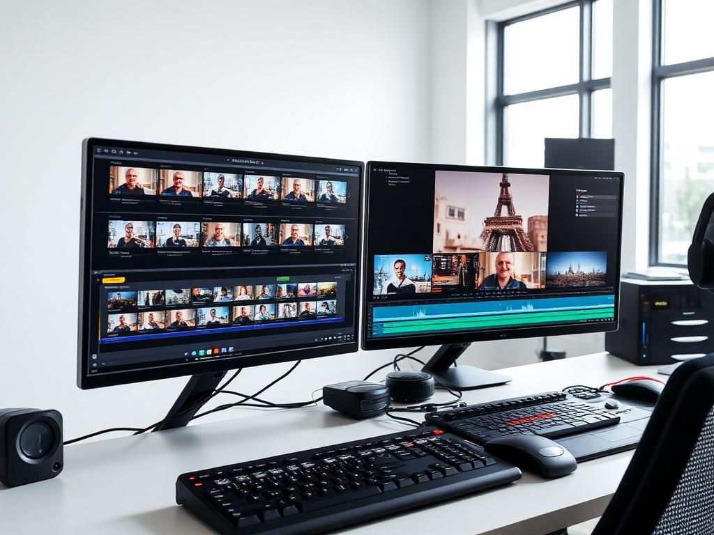 Dual-monitor video editing workstation with timeline and clip browser