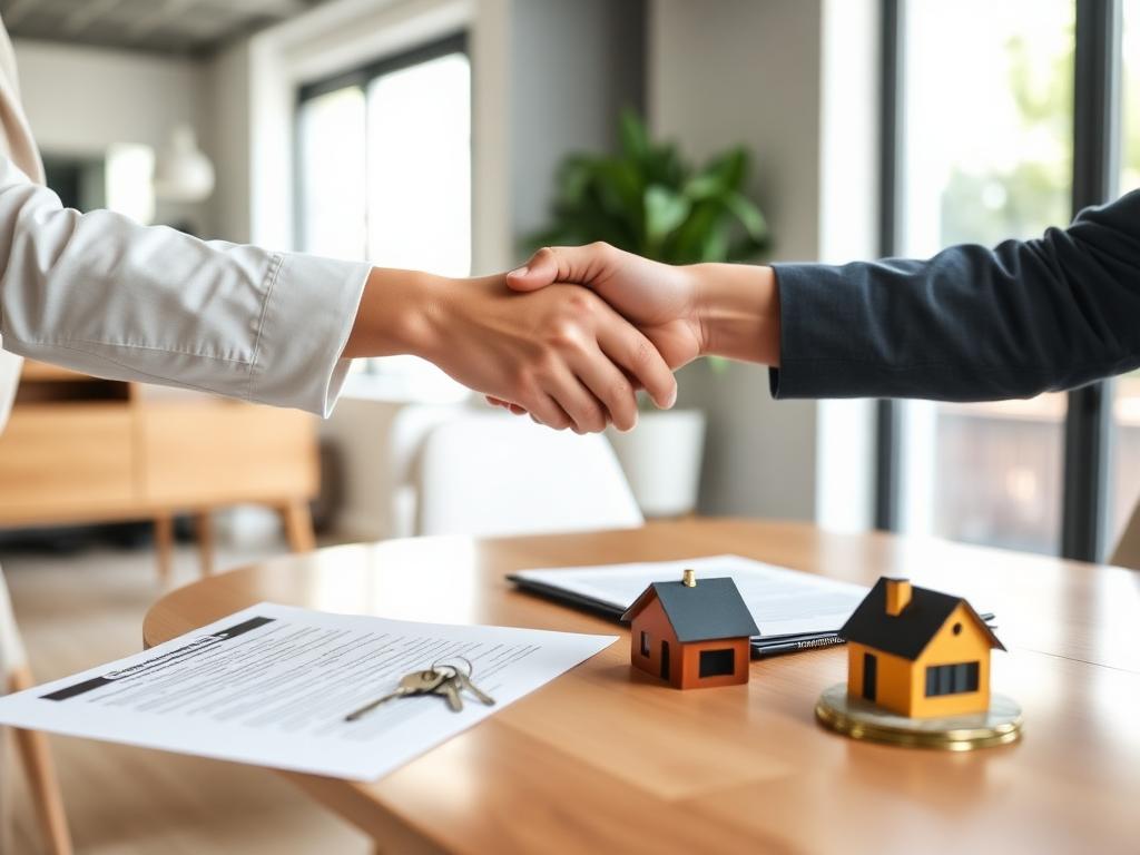 Handshake over a real estate contract with house keys on the table