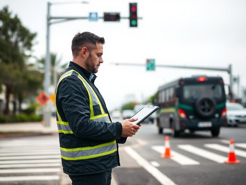 Investigator with tablet documenting an intersection accident scene