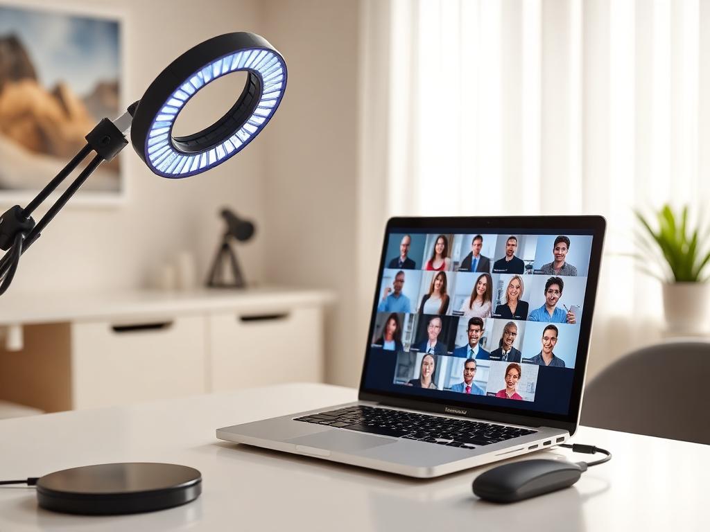 Remote deposition setup with laptop, ring light, and microphone