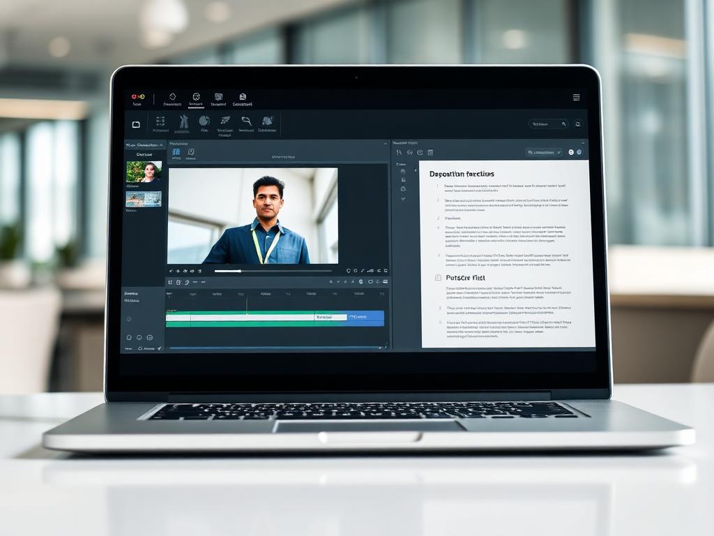 Laptop displaying deposition video synchronized with scrolling transcript