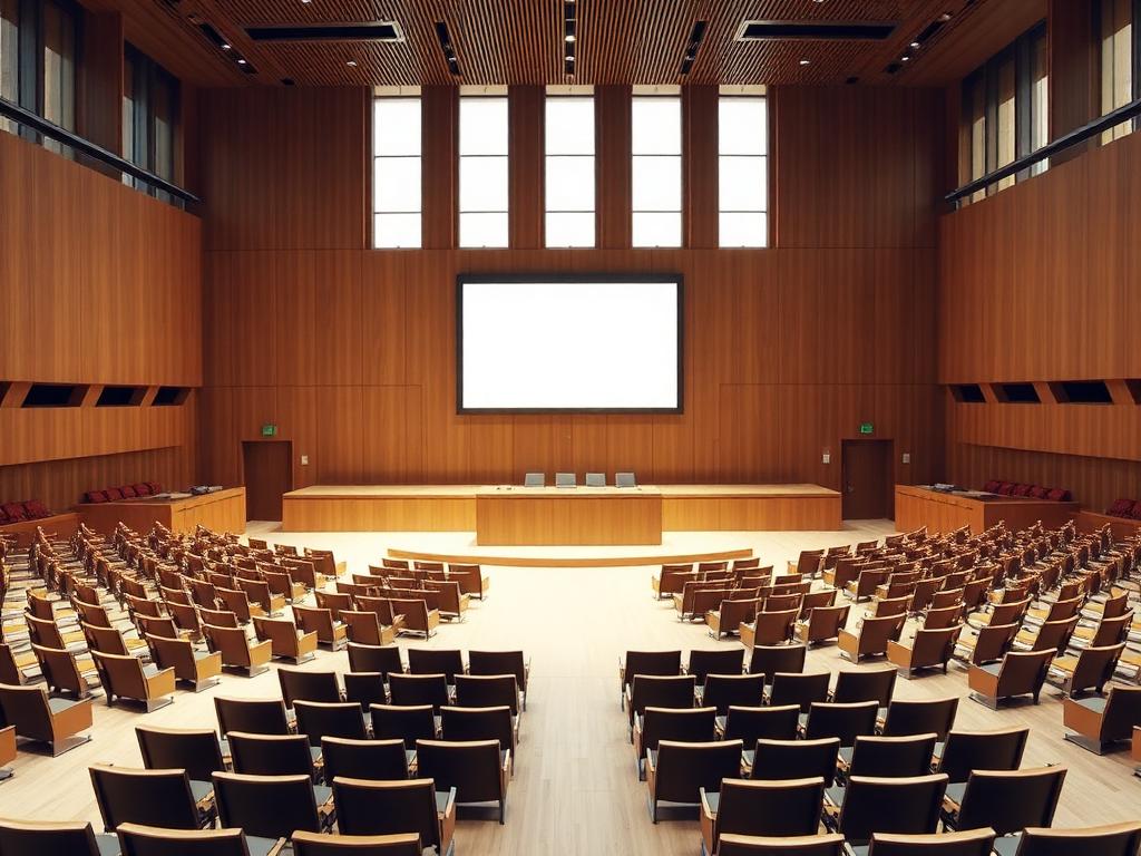 Modern courtroom interior with large display screen for video exhibits
