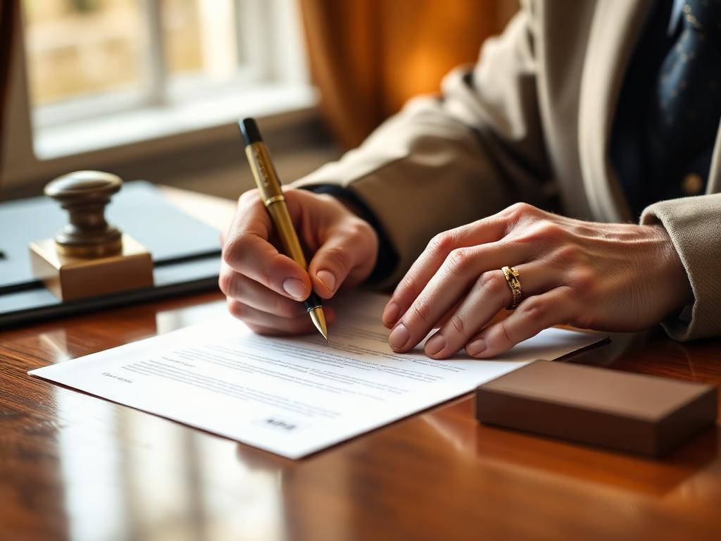 Hands signing a will document with a fountain pen on a polished desk